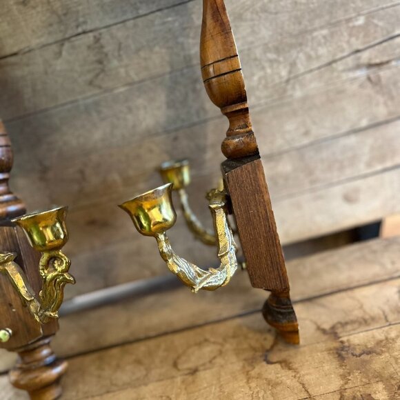 Vintage Wall Wood/Metal Double Arm Leaf Scroll Scone/Candleholders - Picture 9 of 12
